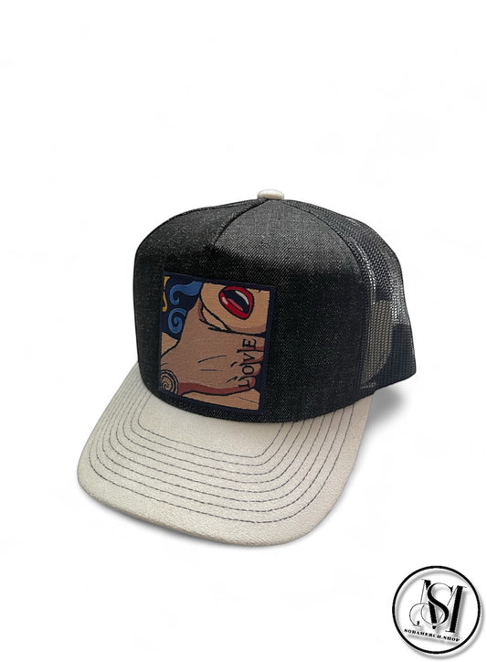 “NEW” Black/White LOVE Denim Trucker Hat